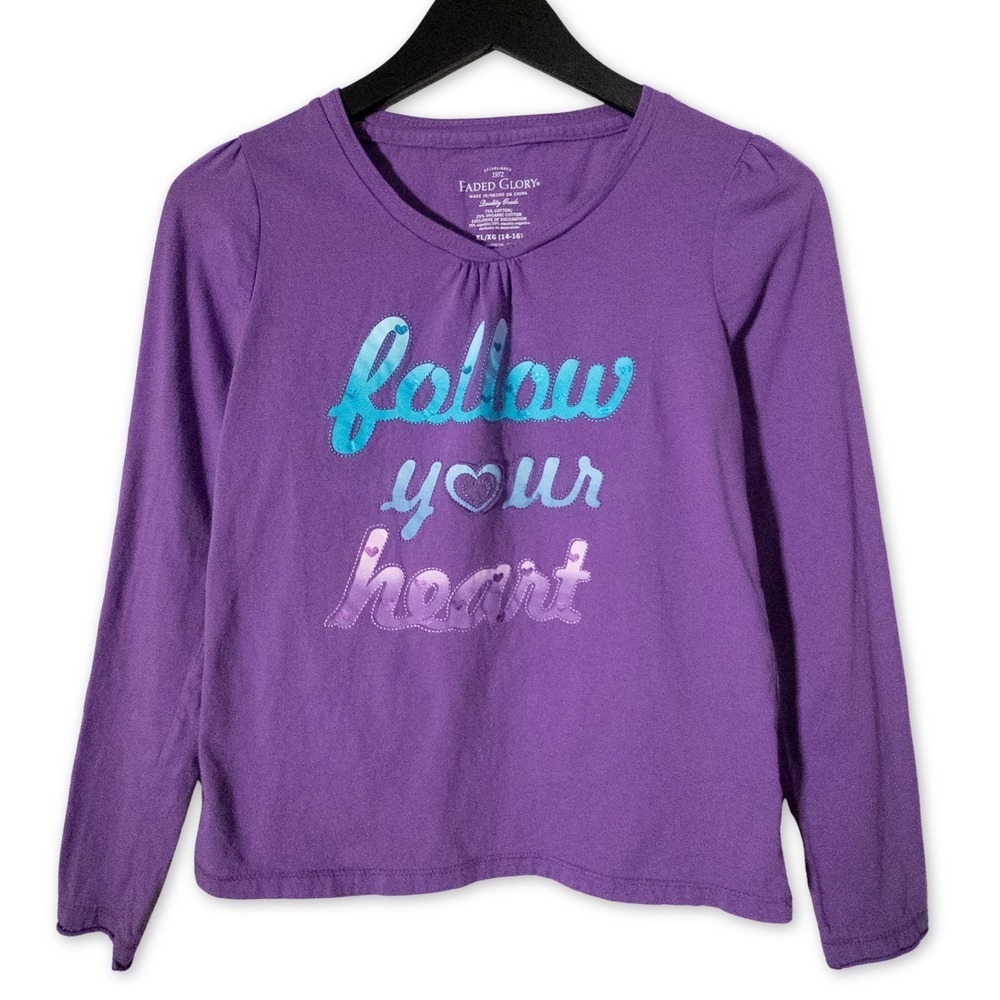 Faded Glory Long Sleeve T-Shirt Girls XL Purple Positivity Tee Inspirational Top